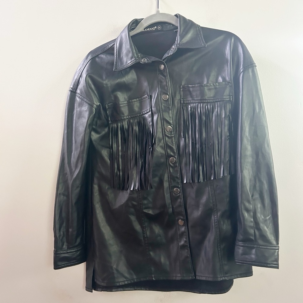 Blank NYC faux leather fringe shirt jacket XS